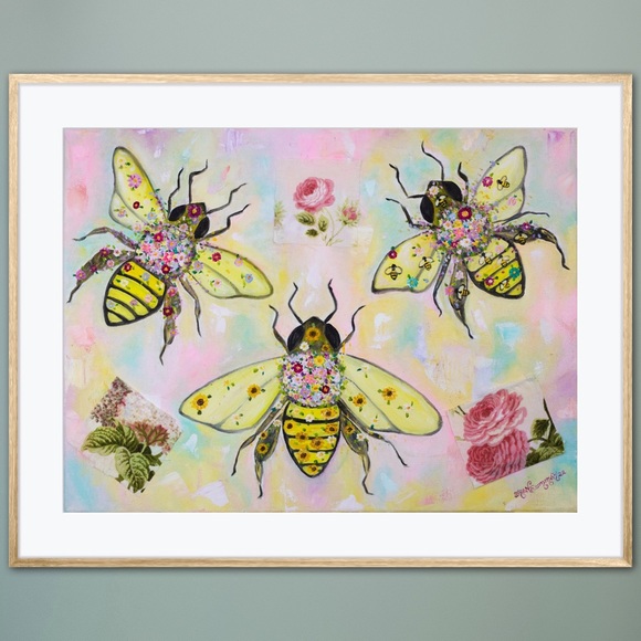 Fine Art by Aren Dummer Other - Honeybee Patchwork Fine Art Print Oil Painting whimsical colorful bee flowers